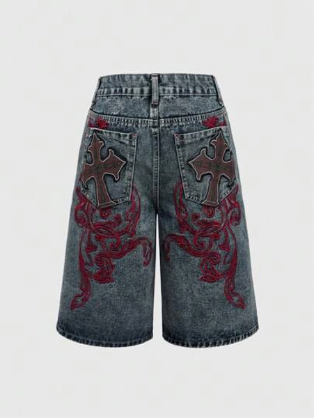 ROMWE Grunge Punk Women's Cross Embroidery Distressed Pocket Denim Shorts