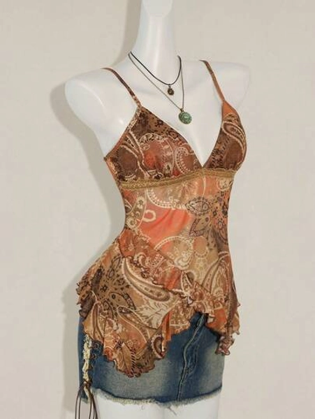 SHEIN ICON Women's Vacation Cashew Floral Print Ruffled Strap Camisole 4th Of July Women Outfits Cute Summer Tops Going Out Tops Hippie Top Cowgirl Tops For Women Boho Tank Top Women Tank Tops Women Western Tank Tops Women