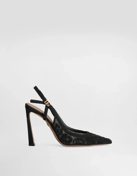 Leopard-design lace slingbacks with fusible rhinestones
