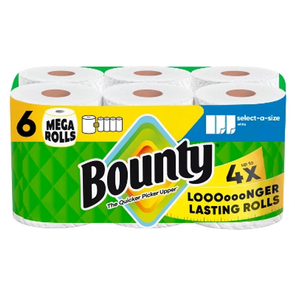 Bounty Select-A-Size Paper Towels - 6 Mega Rolls - 2-Ply - 164 Sheets: No Fragrance Added, Dye-Free, Non-Toxic
