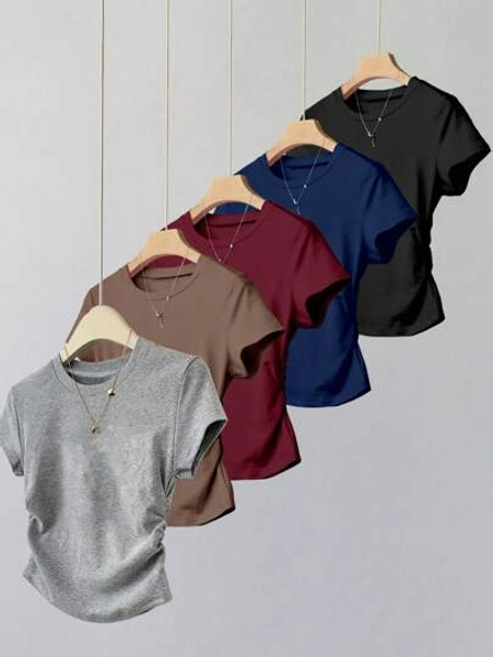 SHEIN Explorewe 5pcs/Set Teen Girls' Casual Versatile Solid Color Cinched Waist Short Sleeve T-Shirts