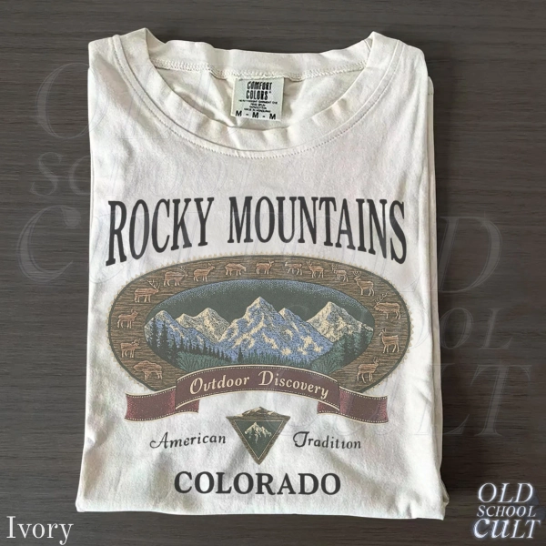 Vintage Rocky Mountains Colorado T-Shirt, Outdoor Discovery Graphic Tee, 90s Mountain Hiking Shirt, Comfort Colors® Ivory Nature Top