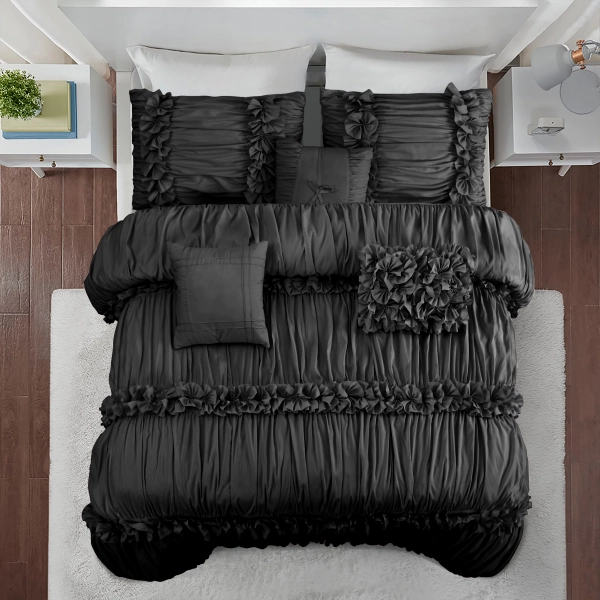 Homechoice International Group 7 Piece Ruched Pleat Comforter Set Romantic Bed in a Bag | Wayfair