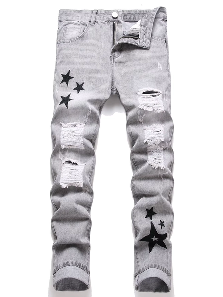 Y2K Men's Jeans - Fashionable Gray Mid-Rise Straight-Leg, Ripped Embroidered Vintage Washed Street Denim - AliExpress 200000343