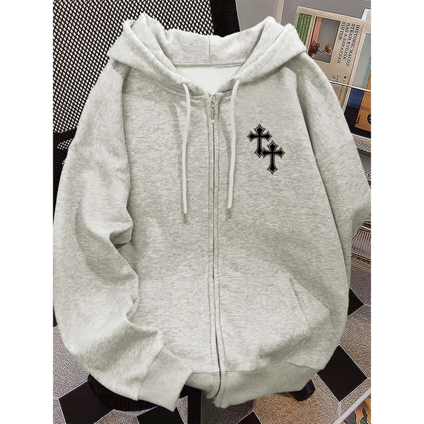 Fashion Loose Women'S Zipper Sweatshirt | Autumn Winter Hoodie with Creative American Retro Y2K Street Style, Easy Ins Gothic Cross Print Pattern, Versatile Casual Design, Long Sleeve, Crew Neck, Pocket Details