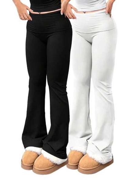 2pcs/Set Trouser Style Yoga Pants For Women Elastic Waist Gym Workout Flare Leggings Casual High Waisted Bootcut Yoga Pants