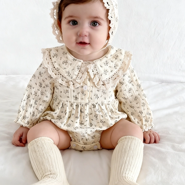 Mono de estilo coreano para niñas, primavera y otoño, con estampado floral, y conjunto con mono fino con cuello de muñeca y sombrero