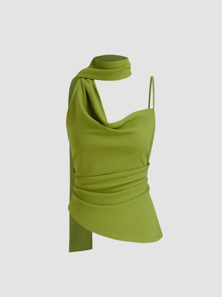 Woven Halter Neckline Ruched Cami Top With Scarf For Date