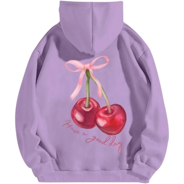 Tuislay Women's Cute Cherry Graphic Ribbon Bow Printed Drop Shoulder Pullover Hoodie