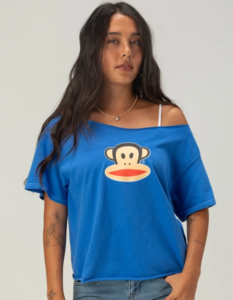 PAUL FRANK Womens Off The Shoulder Oversized Tee - BLUE
