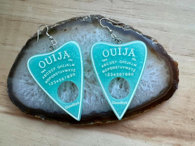 planchette earrings, ouija earrings, witchy earrings, spooky earrings, statement earrings, resin earrings