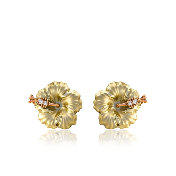 Hibiscus Diamond Earrings Two Tone 14K Gold - Honolulu Jewelry Company