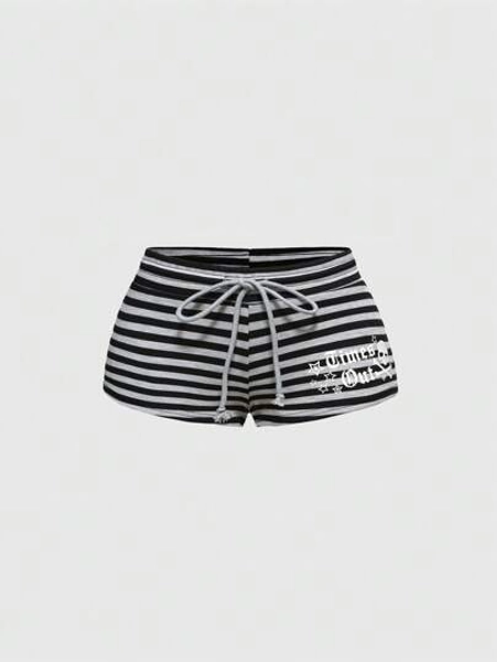 ROMWE Y2K Style Punk Graphic Print Low Waist Ultra-Short Striped Star & English Letter Decorated Women Shorts