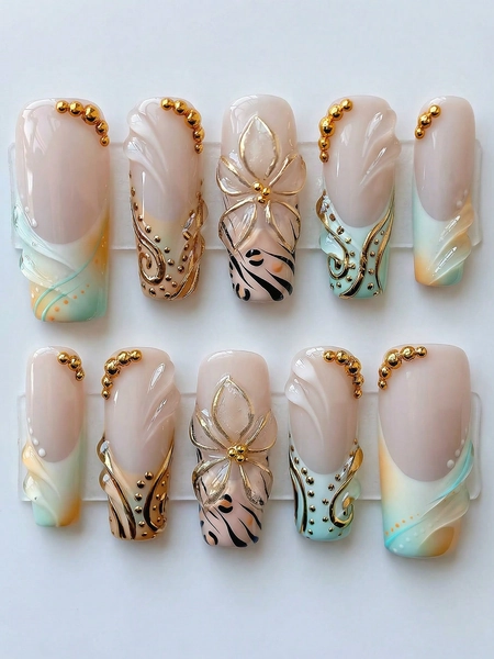 10pcs Handmade Y2K Fairy Style Rectangular Nail Art Tips, Mint Green To Peach Gradient With 3D Flowers And Gold Swirls, Suitable For Wedding Party, Removable And Reusable Nail Set (Includes Jelly Glue And Nail File)