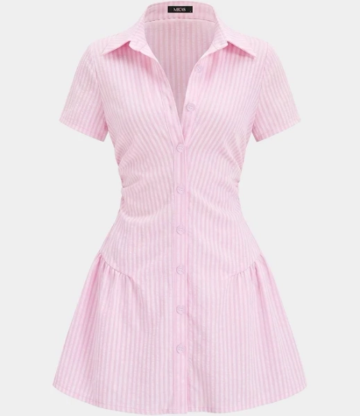 Micas Women's Slimming Flattering Stripe Print V-Neck Short Sleeve Mini Dress