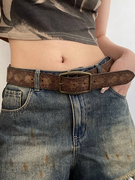 Boho 1pc Brown Pu Leather Belt With Antique Bronze Buckle And Printed Pattern Halloween Summer, School Fall, Autumn, Halloween