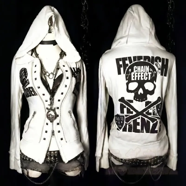 Y2K Gothic Skull Graphic Zip‑Up Hooded Slim Fit Jacket