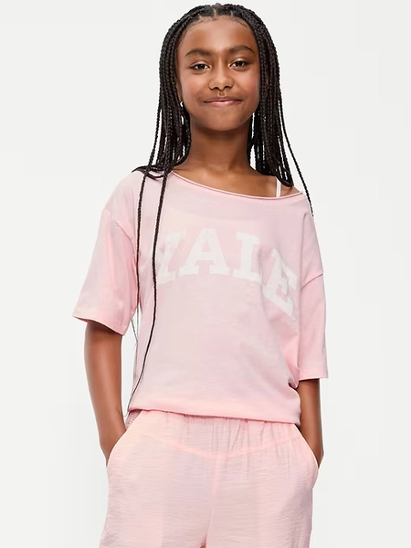 College Off-Shoulder Graphic T-Shirt for Girls