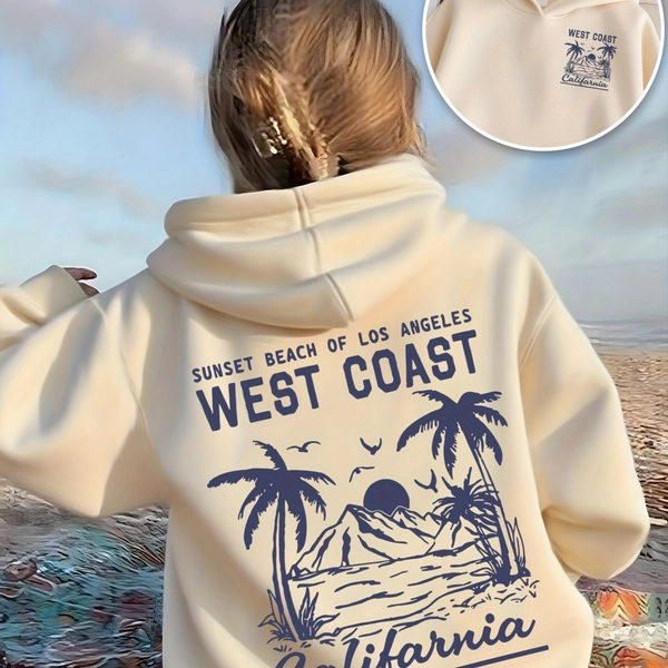 Girls' California Surf & Beach Hoodie - West Coast Surfboarders Print Pullover Sweatshirt with Palm Tree Sunset & Los Angeles Logo-Like Design, Loose Fit Long Sleeve Hooded Sweater for Spring/Fall Outdoor, & Surfing (Machine Washable