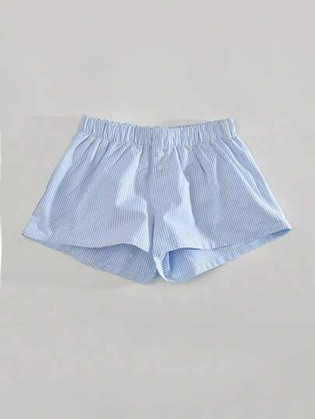 SHEIN Tween Girl Woven Striped Print Button Decor Loose Casual Shorts, Suitable For Back To School, Casual Sporty, Mommy And Me Matching Outfits