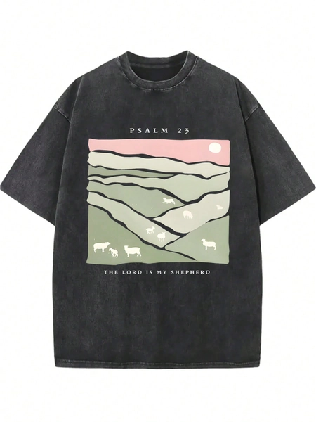 The Lord Is My Shepherd 
 Creative Chip Print, Summer Women's Outdoor Sports Top, Vintage Washed, Breathable Fabric, Pure Cotton, Comfortable Short Sleeve Round Neck Pullover, Casual Versatile, Commuting