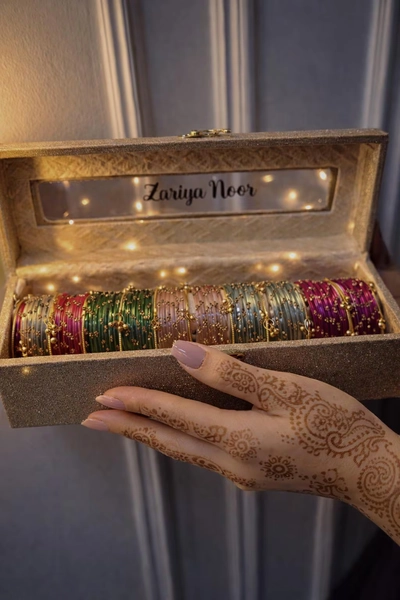 Personalized Kashmiri Bangle Set | 72 Pcs Indian Glass Bangles, Custom Name Box