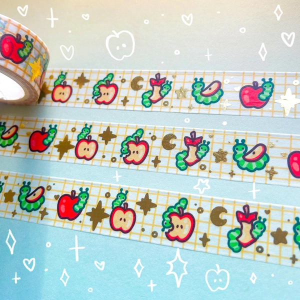 B-GRADE Apple Appetite Washi Tape Gold Foil Caterpillar Worm Fruit Bug Nature Stickers Stationery