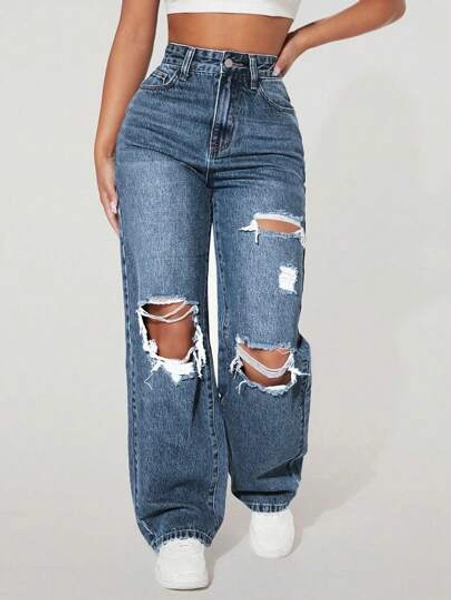 SHEIN PETITE Women's Front Button Pocket Distressed Simple Casual Denim Jeans