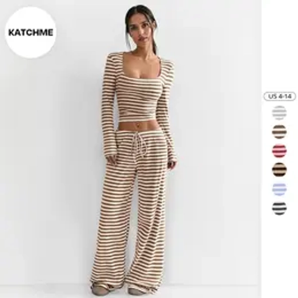 KatchMe Women's Slouchy Square Neck Stripe Long Sleeve Crop Top & Low-Rise Wide Leg Trousers Co-ord, Minimalist Two Piece Outfits, Cozy Womenswear