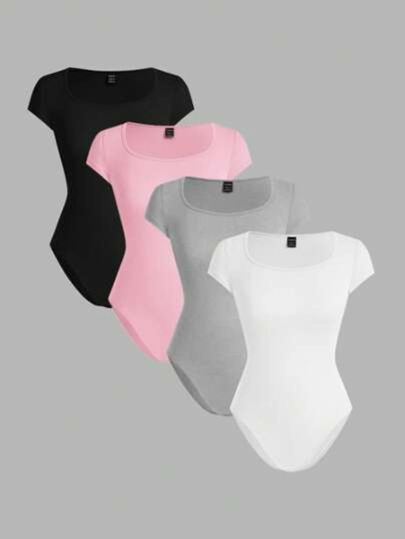 SHEIN EZwear 4pcs Women's Solid Color Crew Neck Short Sleeve Skinny Bodysuit, Suitable For Summer Suitable For Going Out