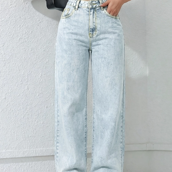 [Light Blue Wide-Leg Jeans] Women's Light Blue Mid-High Waist Wide-Leg Jeans | Loose Fit, And Elongating, Retro Wash, Versatile Casual Trousers Suitable For Commuting All Year Round, Non-Stretch Fabric With Pockets