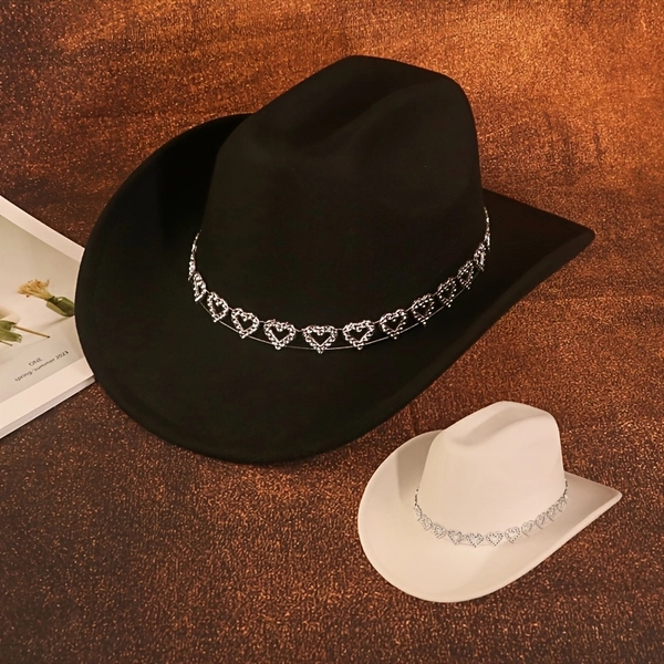 [Denim Cowboy Hat] Luxury Felt Denim Cowboy Hat - Jazz Top Hat with Shiny Heart Decorative Band, 1pc for Parties, Performances, Festive Occasions