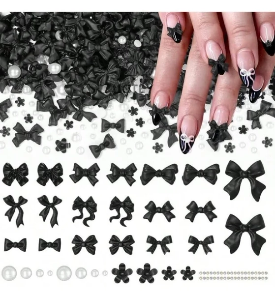 200 Pcs Black Bow Nail Charms 3D Bows Bow Tie Nail Art Charms For Acrylic Nails Flowers Resin Nail Charms Half Nail Pearls Mixed Bows Bowknots Nail