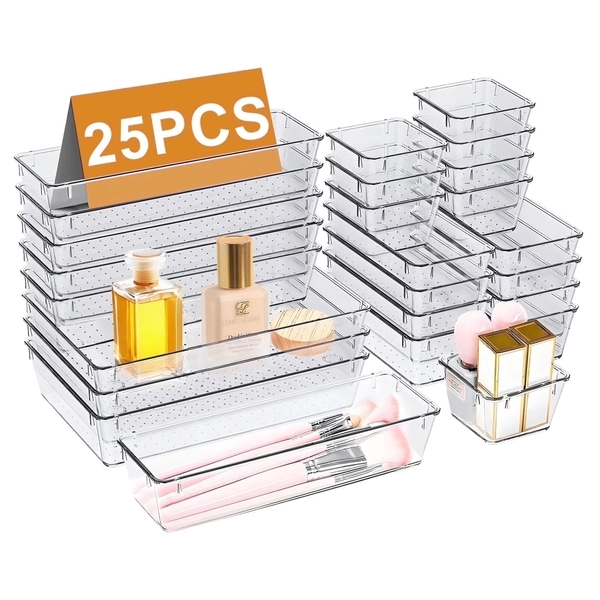 Lockways Clear Plastic Drawer Organizers Makeup Vanity Desk Storage Stackable Multiple Gadgets Organizers for Home Bathroom Office 25 Pcs