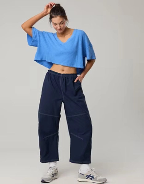 OFFLINE By Aerie Wow! Waffle V Neck Cropped Relaxed Short Sleeve T-Shirt