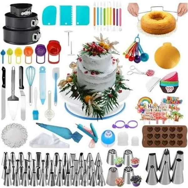 398pcs Professional Cake Decorating Kit for Beginners - Baking Supplies Set with 3 Springform Pans, Rotating Turntable, 48 Piping Tips, 4 Russian