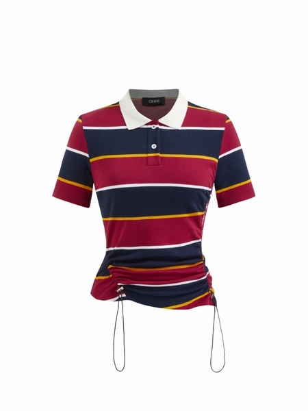 Knit Fabric Cotton-blend Striped Collar Short Sleeve Drawstring Ruched Tee For Daily Casual