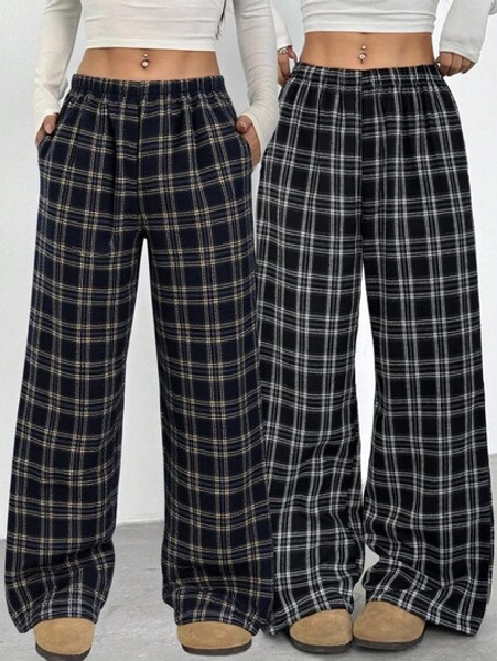 Sparklyn 2pcs/Set Teen Girl Casual All-Match Versatile Plaid Loose Fit Pants, Suitable For School, Daily And Street Wear