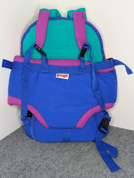 Vtg Snugli Baby Carrier 80's/90's W/ Head Cover &amp; Pacifier Holder Blue Teal Purp