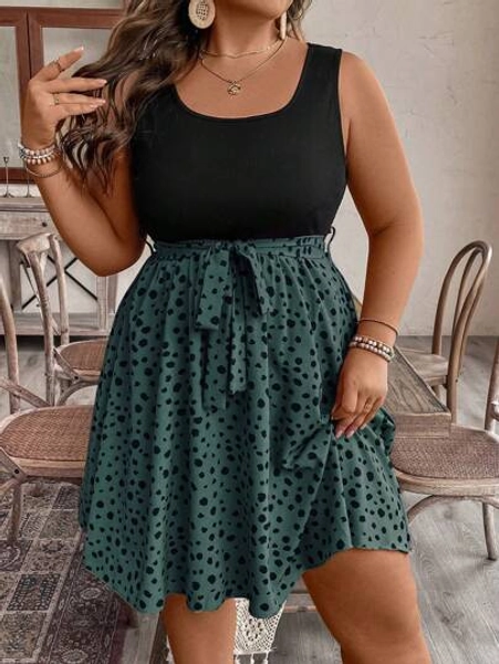 EMERY ROSE Plus Size Color Block Polka Dot Self-Tie Sleeveless Summer Dress