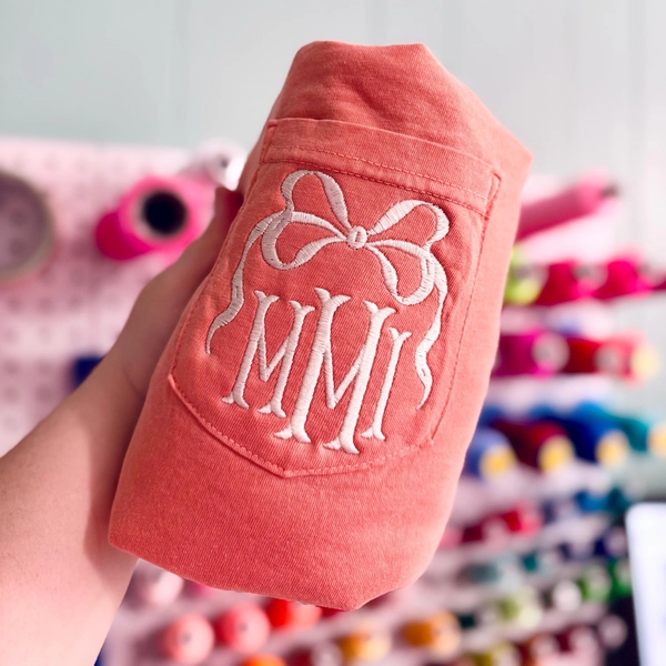 Monogram Coquette Bow Shirt, Comfort Colors, Short Sleeve Pocket Tee, Embroidered Bow Shirt, Best Seller