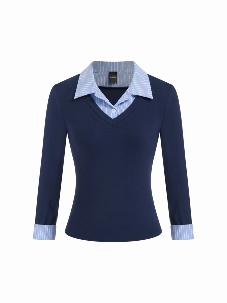 Cotton-blend Collar Striped Button Two Tone Cropped Top