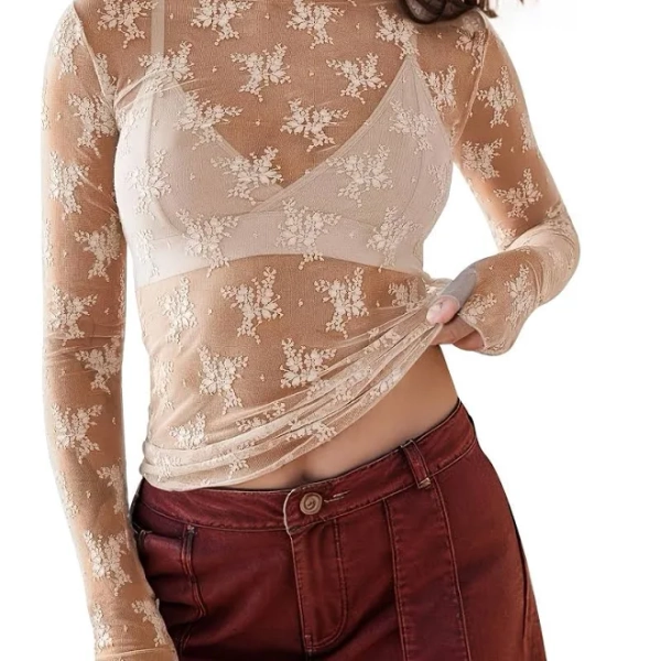 Women's Floral Lace Long Sleeve Sheer Mesh Undershirt