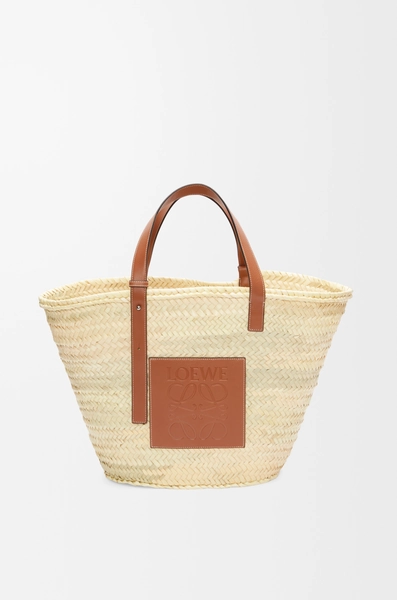 Large Classic Basket in palm leaf and calfskin