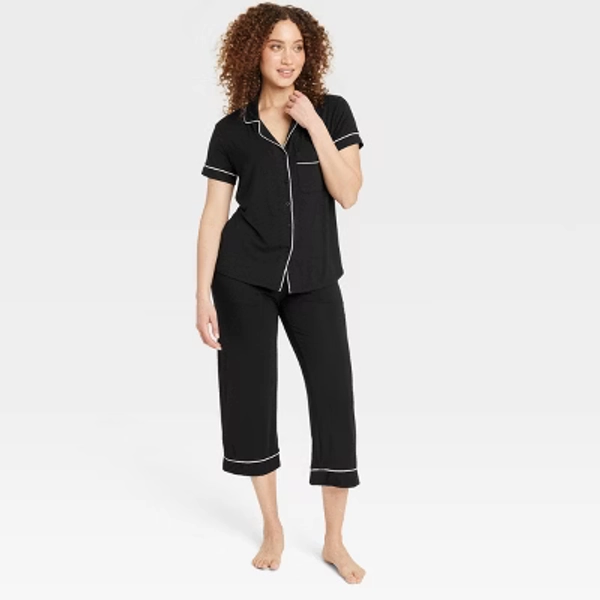 Women's Cloud Knit Modal Short Sleeve Notch Collar Top and Cropped Pants Pajama Set - Auden™ Black XS: Modal Spandex Blend