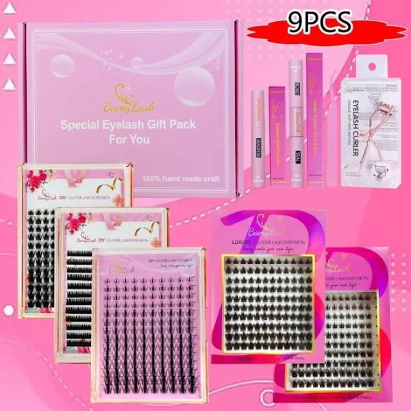 Cluster Eyelash with Gift Box, 9 Counts/set 3D Devil Style Eyelash with Eyelash Glue Extension & Tweezers & Glue Remover & Curler, Eyelashes Extension