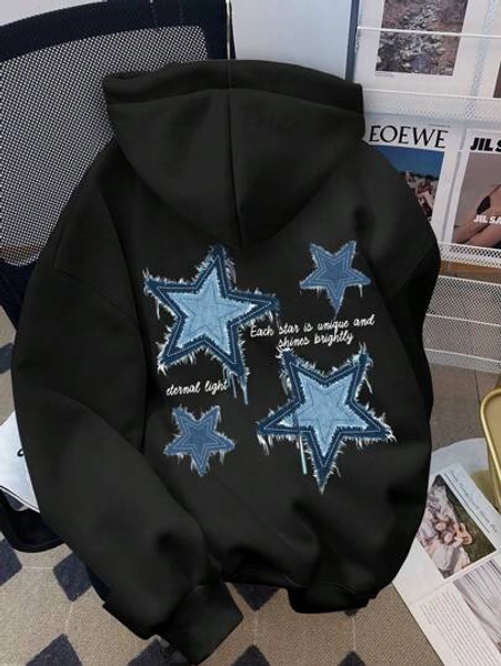 SHEIN Teen Girls Casual Minimalist Star Patched Black Long Sleeve Hoodie, Thick Warm Loose Fit Fashion Pullover Sweatshirt, Suitable For Autumn/Winter
