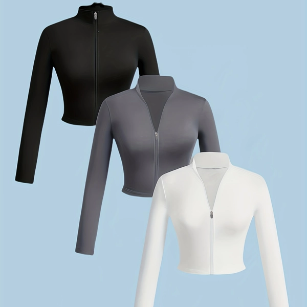 3pcs Women's Elegant High-Stretch Zip-Up Tops Set - Slim-Fit Full-Zip Closure Short Sleeve Shirts, Full-Length Zipper & Stand Collar, Full-Zip Front Closure, Full-Zip Back Closure, All-Season & Casual Attire, to Outfits in Black/White/Navy/Gray/,, Casual Outfits - Machine Washable & Wrinkle-Resistant - Ideal for Layering & Standalone Use, Stretchy Tops for Women