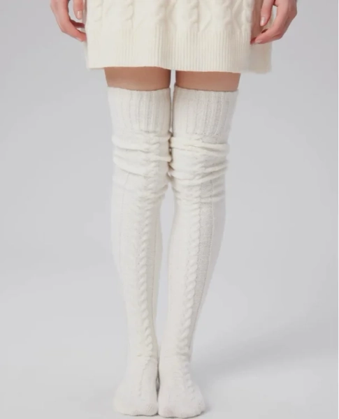 knee or thigh length cable knit socks