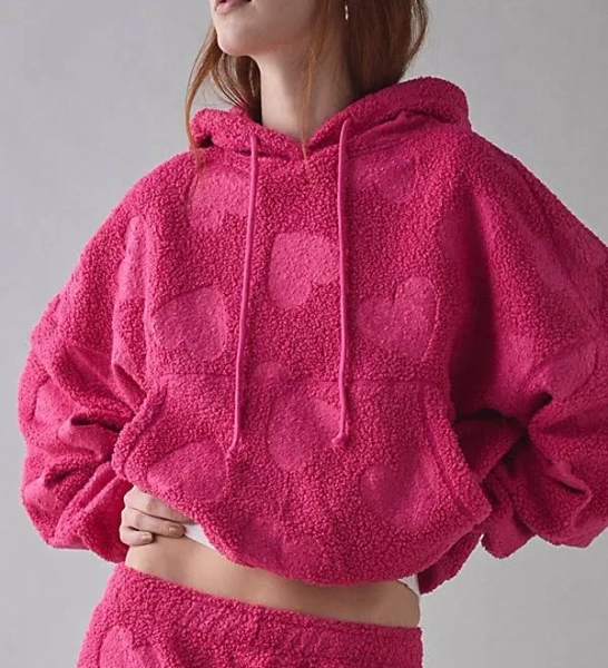 Urban Outfitters Out From Under Try Me Piled Fleece Printed Bubble Hoodie Sweatshirt